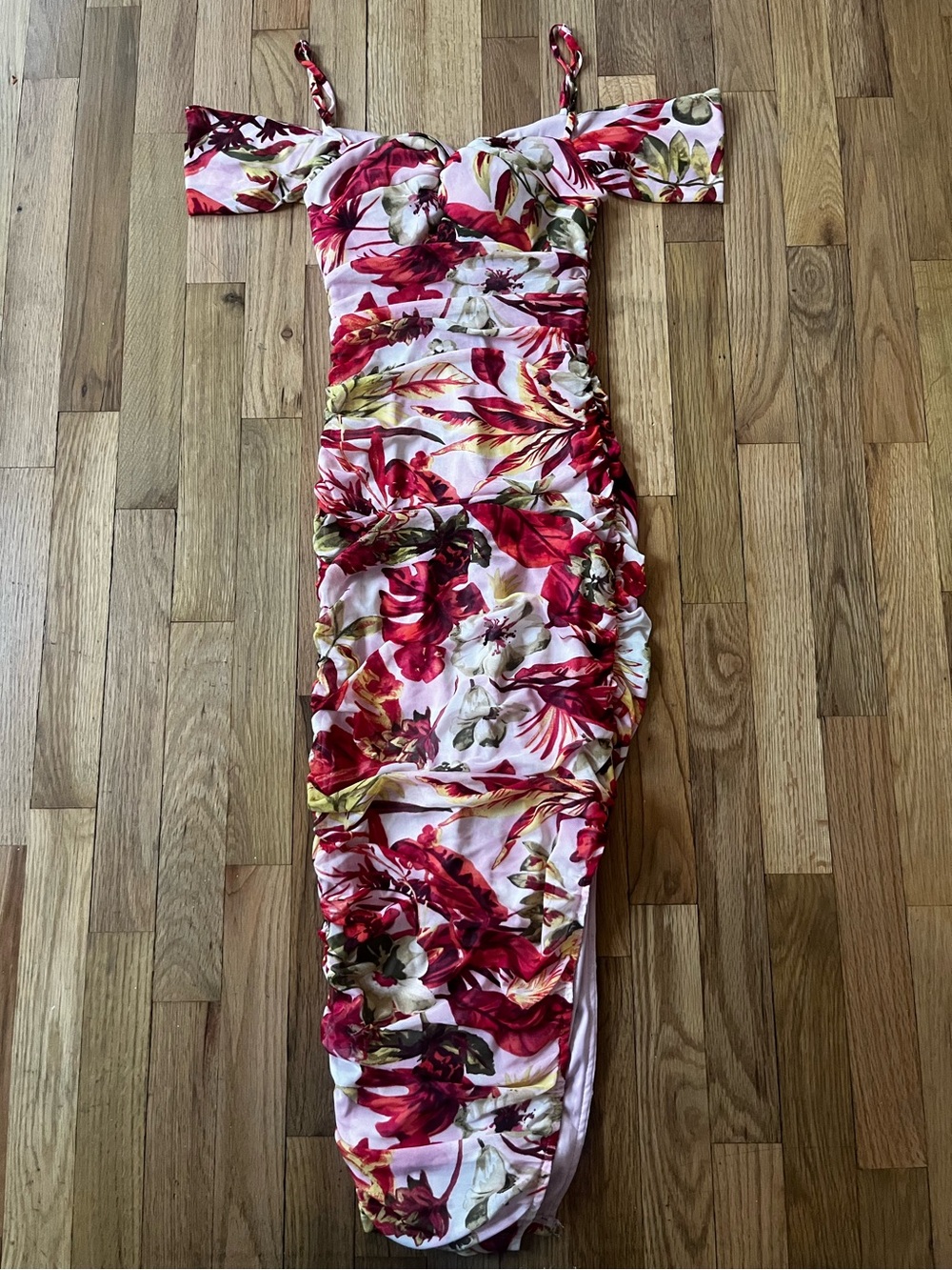 BCX Off-Shoulder Floral Maxi Dress in Red and Pink